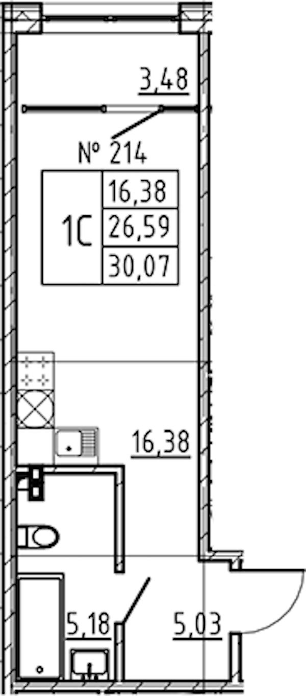 Квартира студия 30.07 м², 4/8 эт., ЖК «17-33»