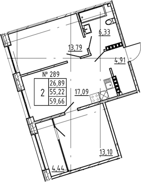 2-комнатная квартира 61.56 м², 7/8 эт., ЖК «17-33»