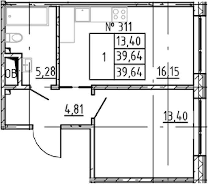 1-комнатная квартира 39.64 м², 2/8 эт., ЖК «17-33»