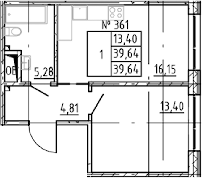 1-комнатная квартира 39.64 м², 4/8 эт., ЖК «17-33»