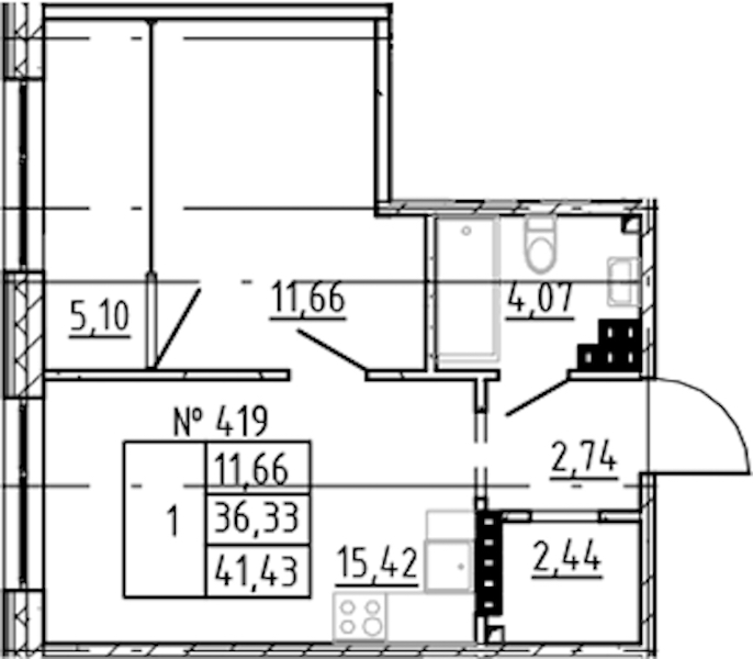 1-комнатная квартира 41.43 м², 7/8 эт., ЖК «17-33»