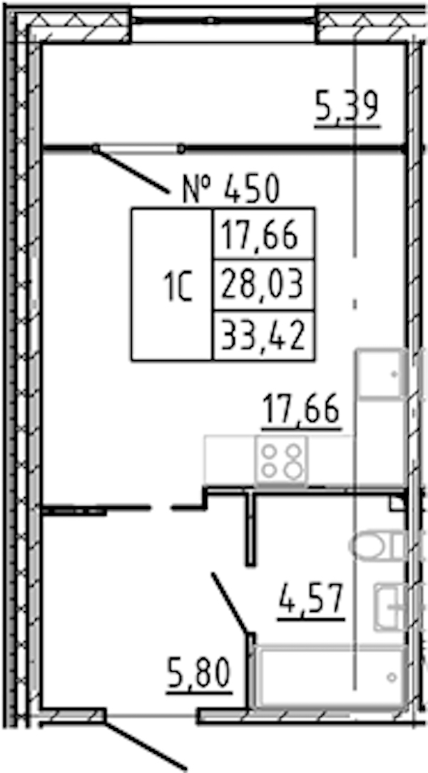 Квартира студия 33.42 м², 2/8 эт., ЖК «17-33»