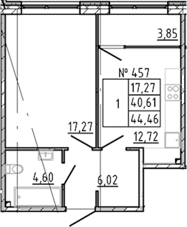 1-комнатная квартира 44.46 м², 2/8 эт., ЖК «17-33»