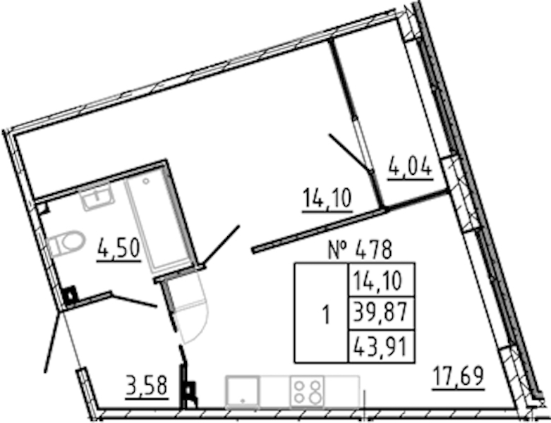 1-комнатная квартира 43.91 м², 3/8 эт., ЖК «17-33»