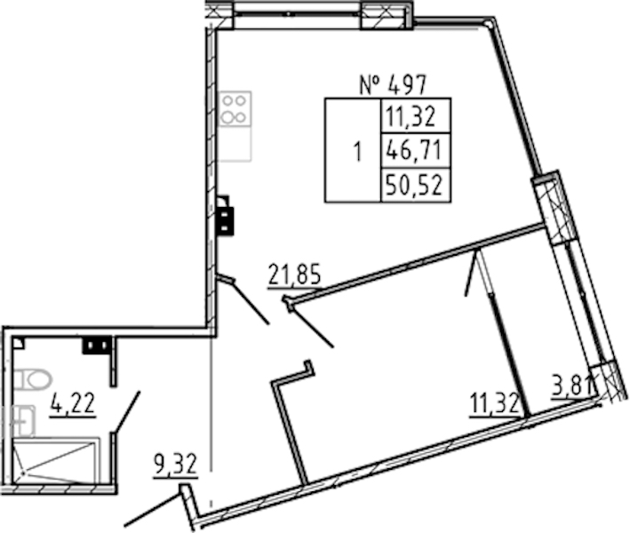 1-комнатная квартира 50.52 м², 4/8 эт., ЖК «17-33»