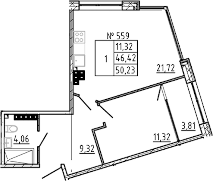 1-комнатная квартира 50.23 м², 7/8 эт., ЖК «17-33»