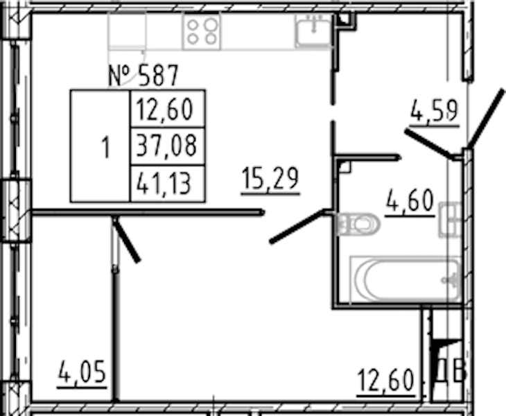 1-комнатная квартира 41.13 м², 2/8 эт., ЖК «17-33»