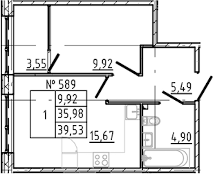1-комнатная квартира 39.53 м², 2/8 эт., ЖК «17-33»