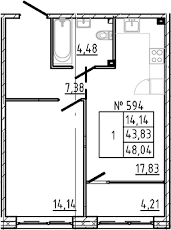 1-комнатная квартира 48.04 м², 2/8 эт., ЖК «17-33»