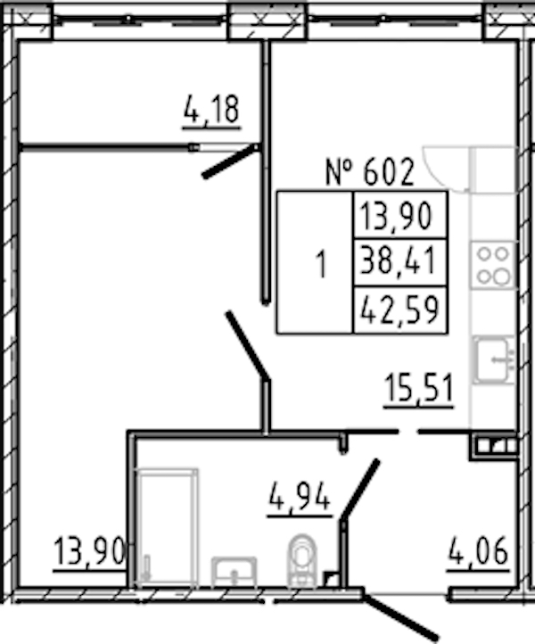 1-комнатная квартира 42.59 м², 2/8 эт., ЖК «17-33»