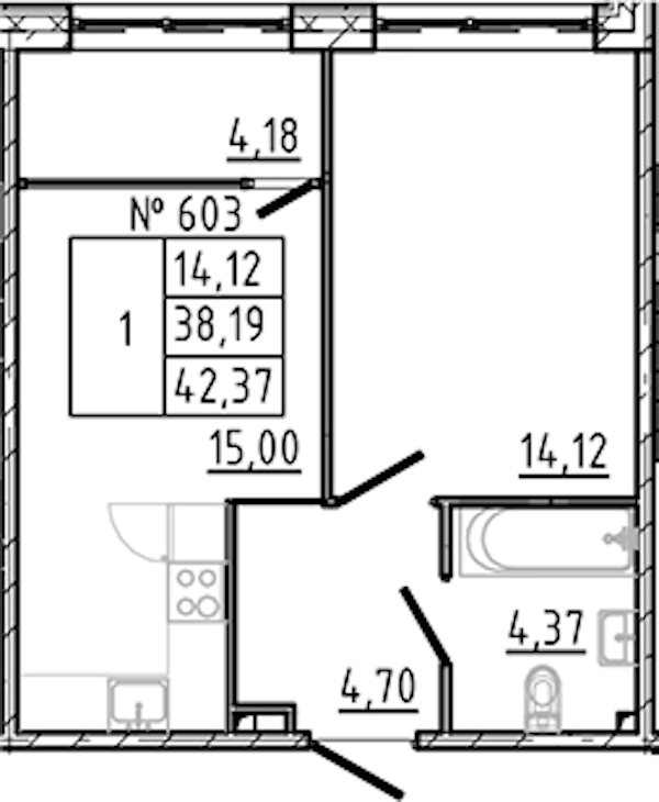 1-комнатная квартира 42.37 м², 2/8 эт., ЖК «17-33»