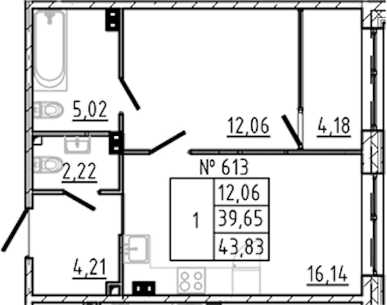 1-комнатная квартира 43.83 м², 3/8 эт., ЖК «17-33»