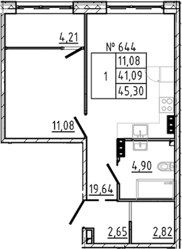 1-комнатная квартира 45.3 м², 5/8 эт., ЖК «17-33»