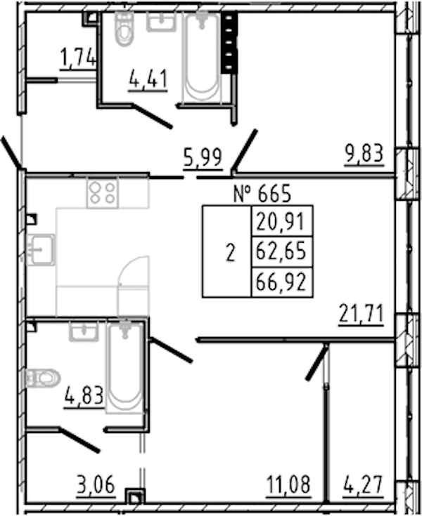 2-комнатная квартира 68.13 м², 6/8 эт., ЖК «17-33»