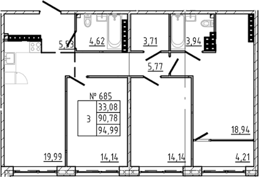 3-комнатная квартира 94.99 м², 8/8 эт., ЖК «17-33»