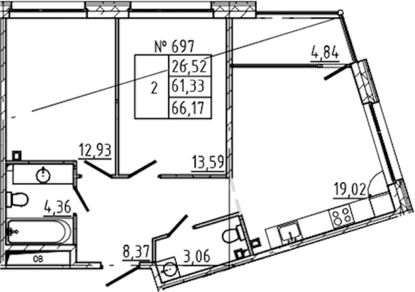 2-комнатная квартира 66.17 м², 2/8 эт., ЖК «17-33»