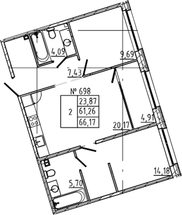 2-комнатная квартира 66.17 м², 2/8 эт., ЖК «17-33»