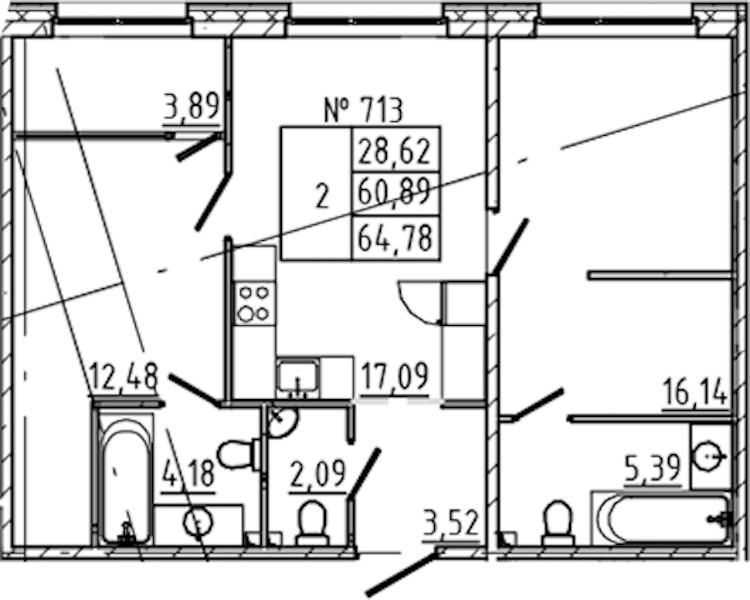 2-комнатная квартира 64.78 м², 3/8 эт., ЖК «17-33»