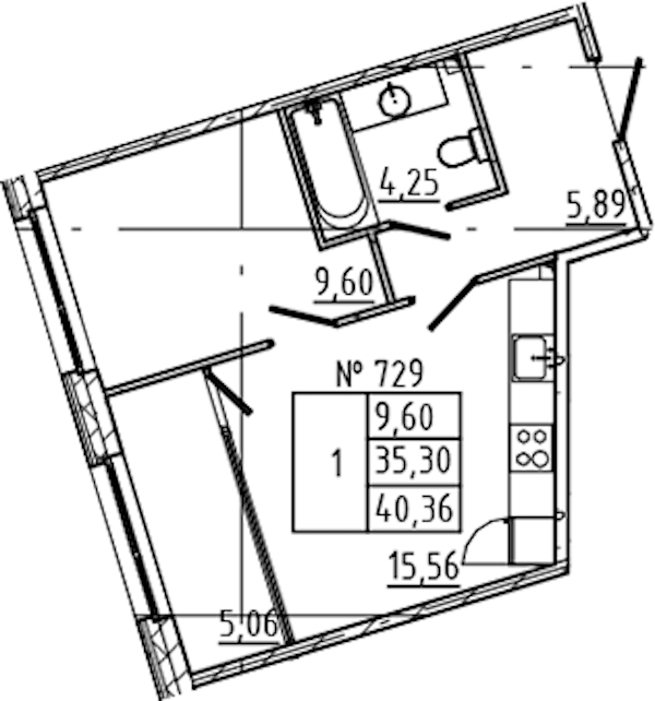 1-комнатная квартира 40.36 м², 4/8 эт., ЖК «17-33»