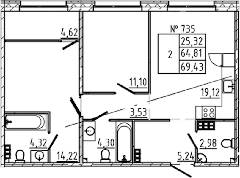 2-комнатная квартира 69.43 м², 5/8 эт., ЖК «17-33»