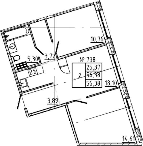 2-комнатная квартира 56.38 м², 5/8 эт., ЖК «17-33»