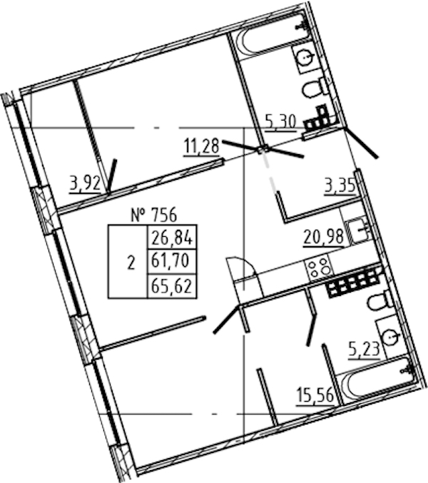 2-комнатная квартира 65.62 м², 6/8 эт., ЖК «17-33»