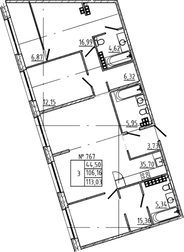 3-комнатная квартира 113.03 м², 7/8 эт., ЖК «17-33»