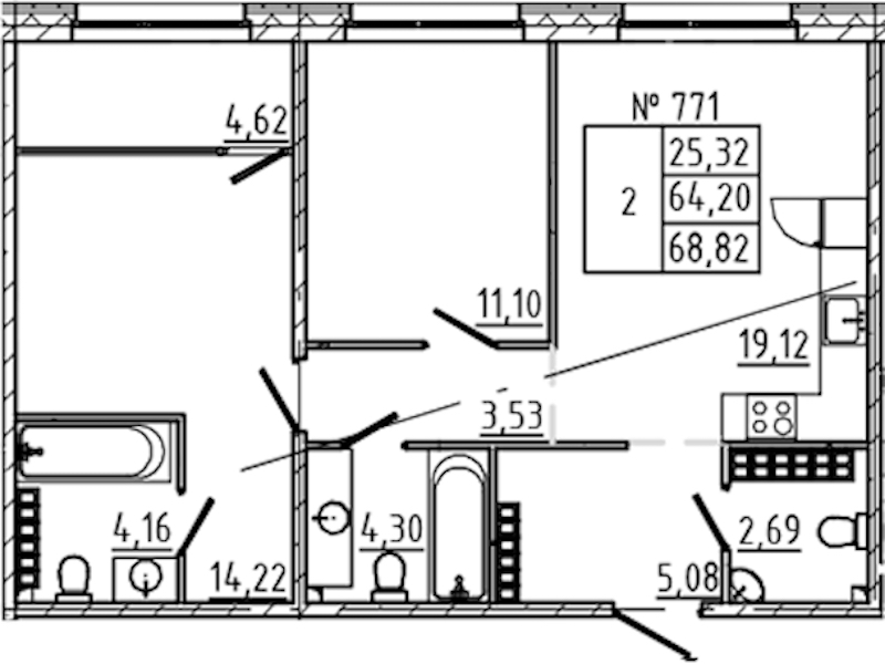 2-комнатная квартира 68.82 м², 8/8 эт., ЖК «17-33»