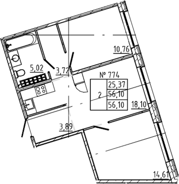 2-комнатная квартира 56.1 м², 8/8 эт., ЖК «17-33»