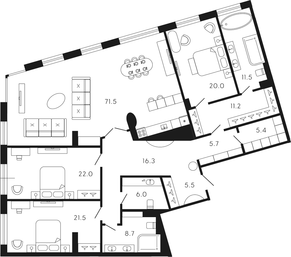 3-комнатная квартира 218.89 м², 5/8 эт., ЖК «17-33»
