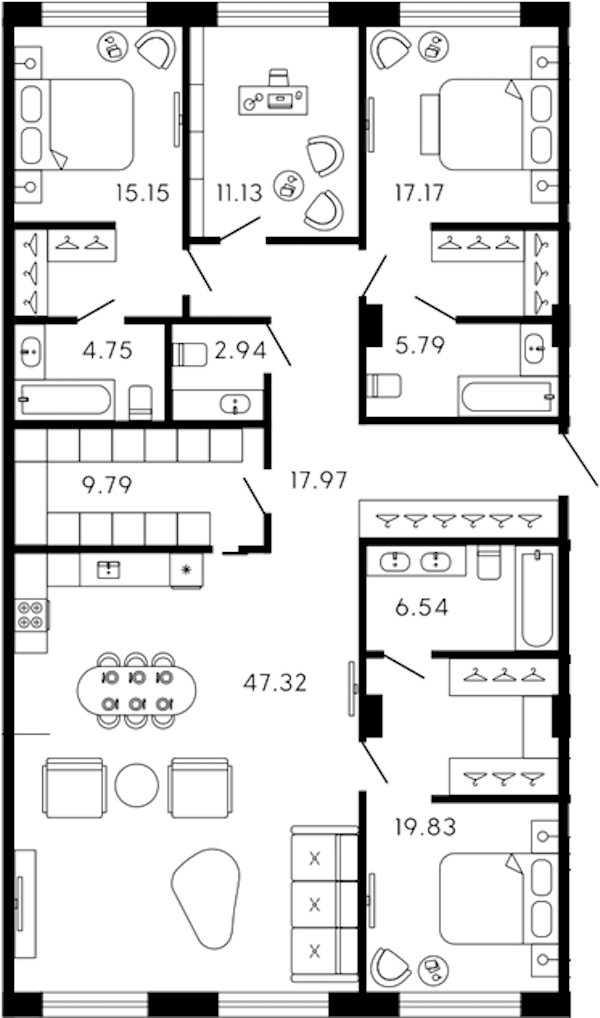 4-комнатная квартира 158.38 м², 3/8 эт., ЖК «17-33»