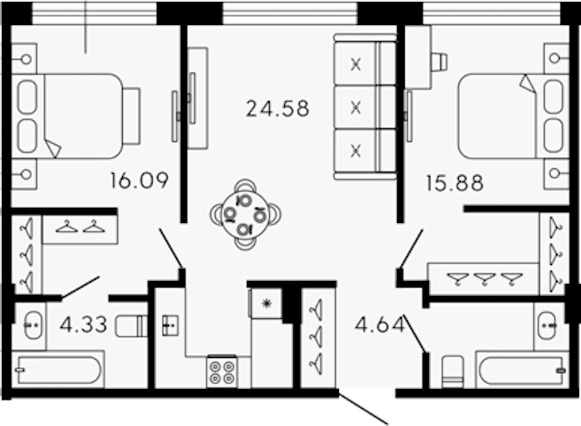 2-комнатная квартира 69.95 м², 3/8 эт., ЖК «17-33»
