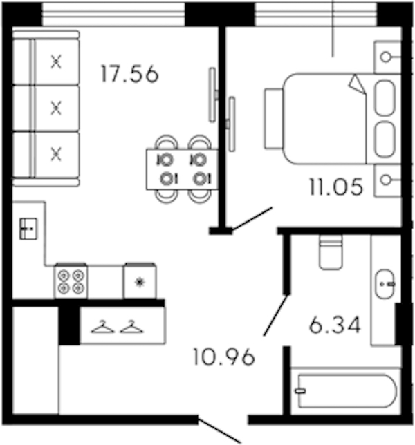 1-комнатная квартира 45.91 м², 3/8 эт., ЖК «17-33»