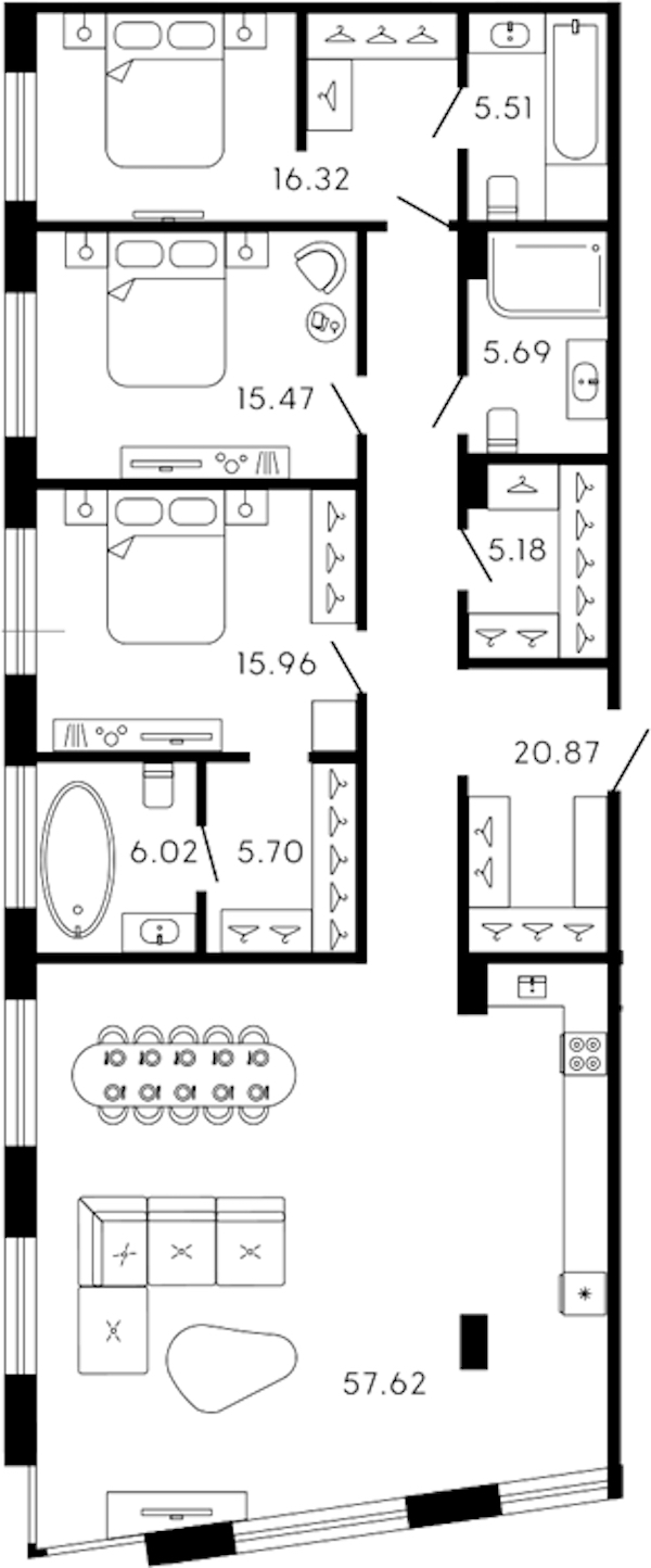 3-комнатная квартира 154.4 м², 5/8 эт., ЖК «17-33»