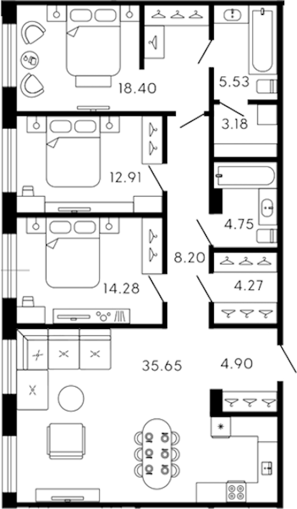 3-комнатная квартира 112.07 м², 5/8 эт., ЖК «17-33»