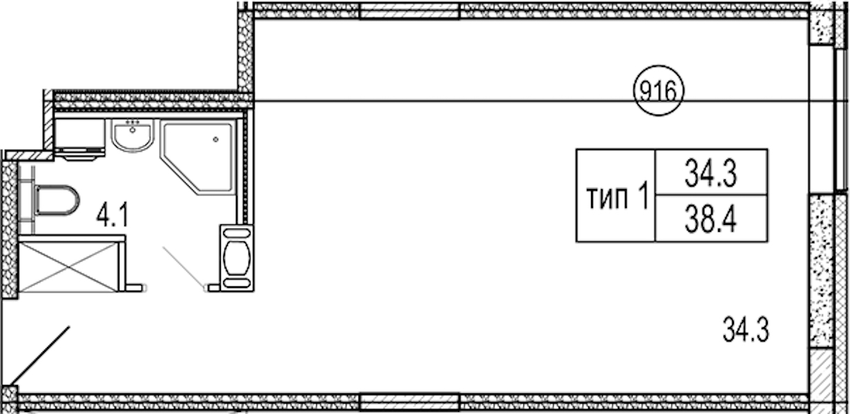 Квартира студия 38.4 м², 9/10 эт., Апарт-отель «VIDI»
