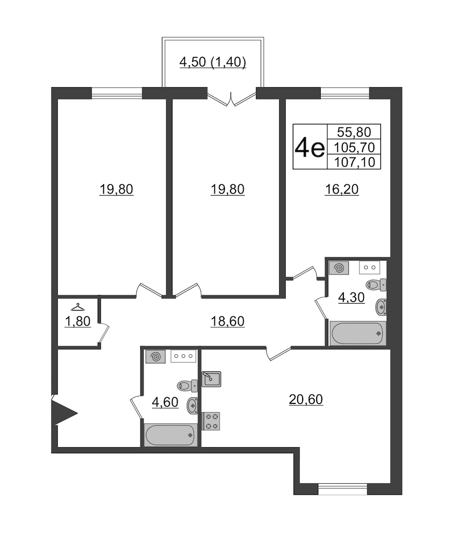 3-комнатная квартира 107.1 м², 5/9 эт., ЖК «Upoint»