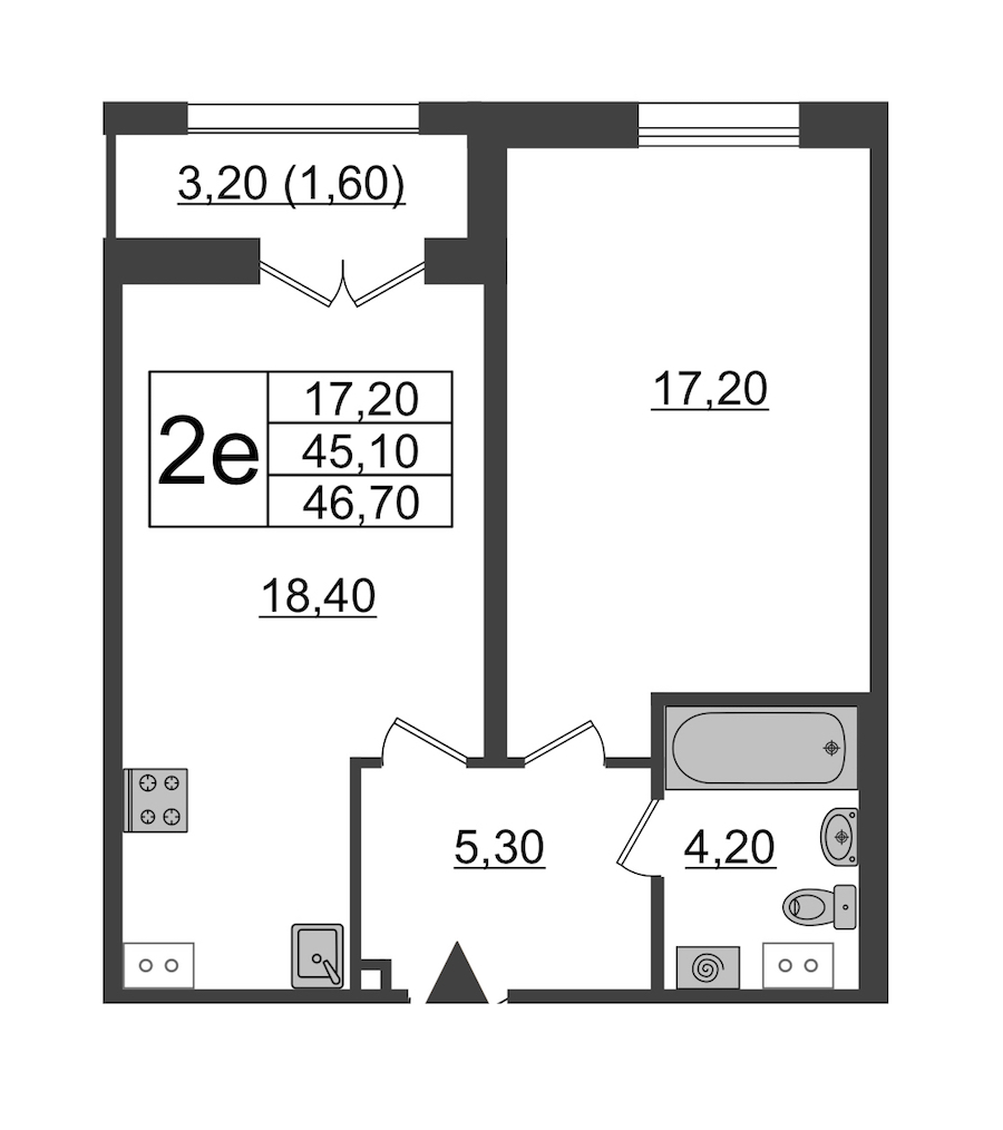 1-комнатная квартира 46.7 м², 4/9 эт., ЖК «Upoint»