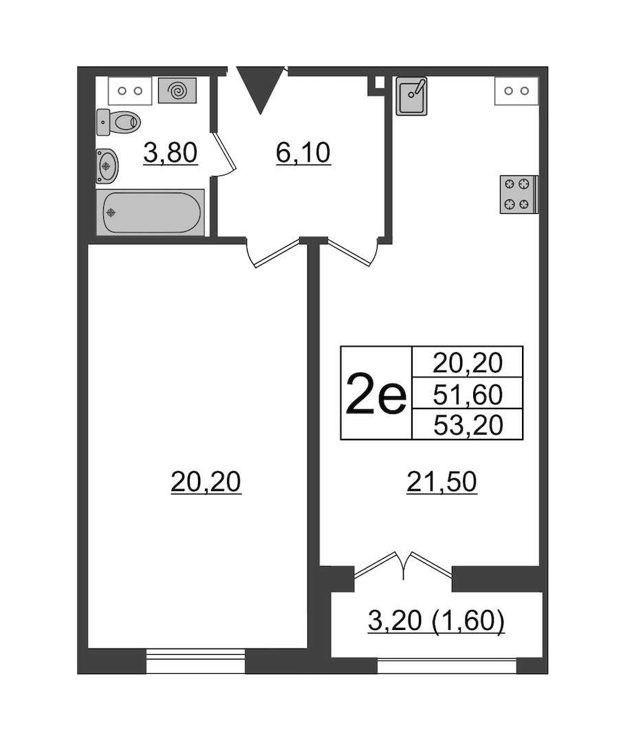 1-комнатная квартира 53.2 м², 7/9 эт., ЖК «Upoint»