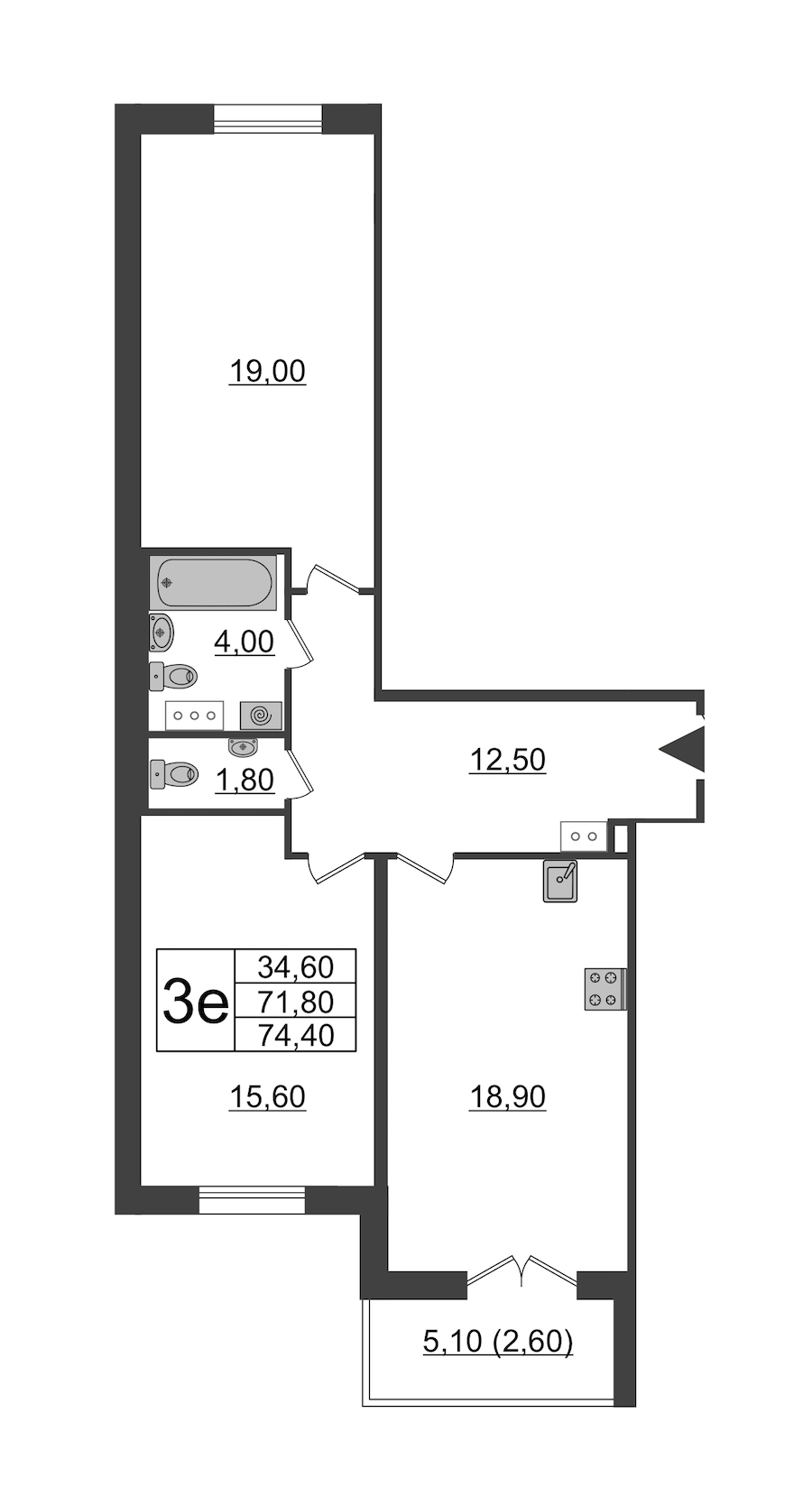 2-комнатная квартира 74.4 м², 8/9 эт., ЖК «Upoint»
