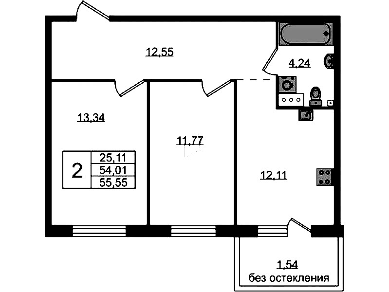 2-комнатная квартира 55.55 м², 4/4 эт., ЖК «Лисино»