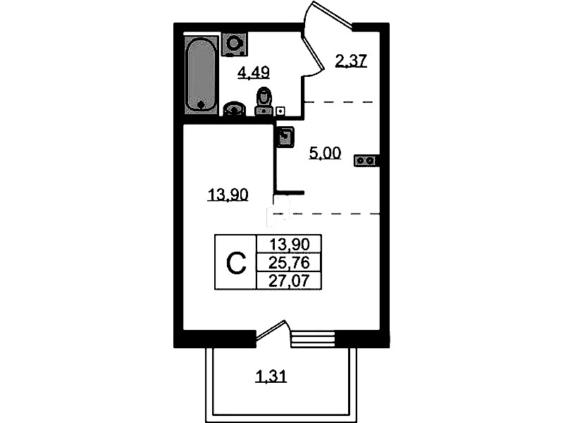 Квартира студия 27.07 м², 2/4 эт., ЖК «Лисино»
