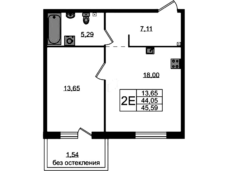 1-комнатная квартира 45.59 м², 2/4 эт., ЖК «Лисино»