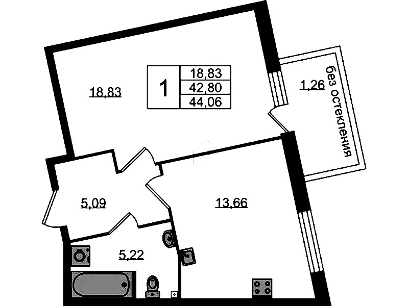 1-комнатная квартира 44.06 м², 2/4 эт., ЖК «Лисино»