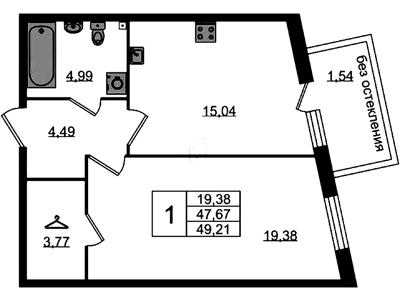 1-комнатная квартира 49.21 м², 2/4 эт., ЖК «Лисино»