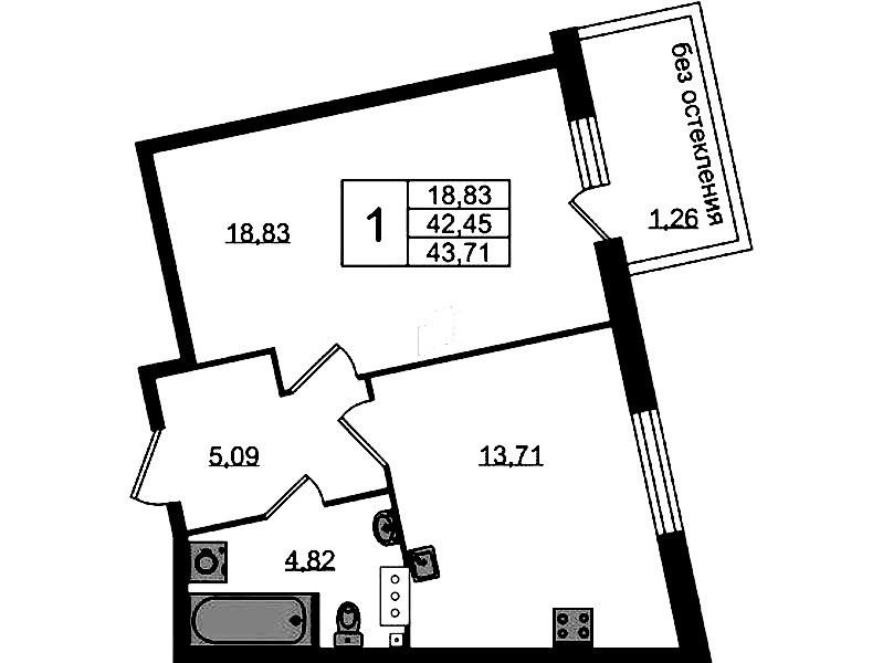 1-комнатная квартира 43.71 м², 3/4 эт., ЖК «Лисино»