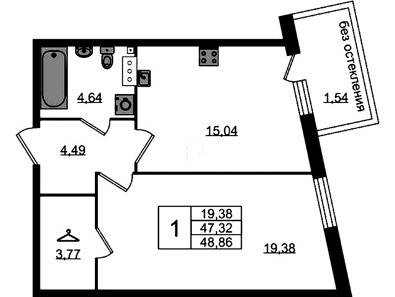1-комнатная квартира 48.86 м², 3/4 эт., ЖК «Лисино»