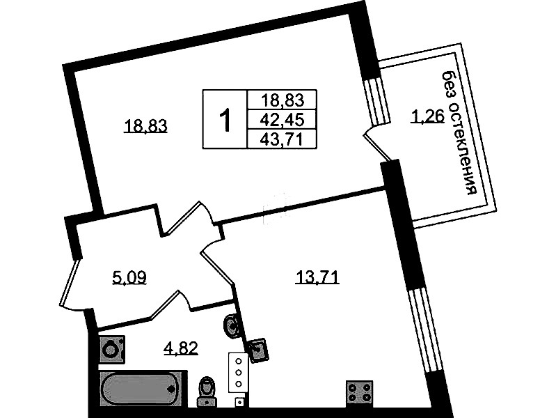 1-комнатная квартира 43.71 м², 4/4 эт., ЖК «Лисино»