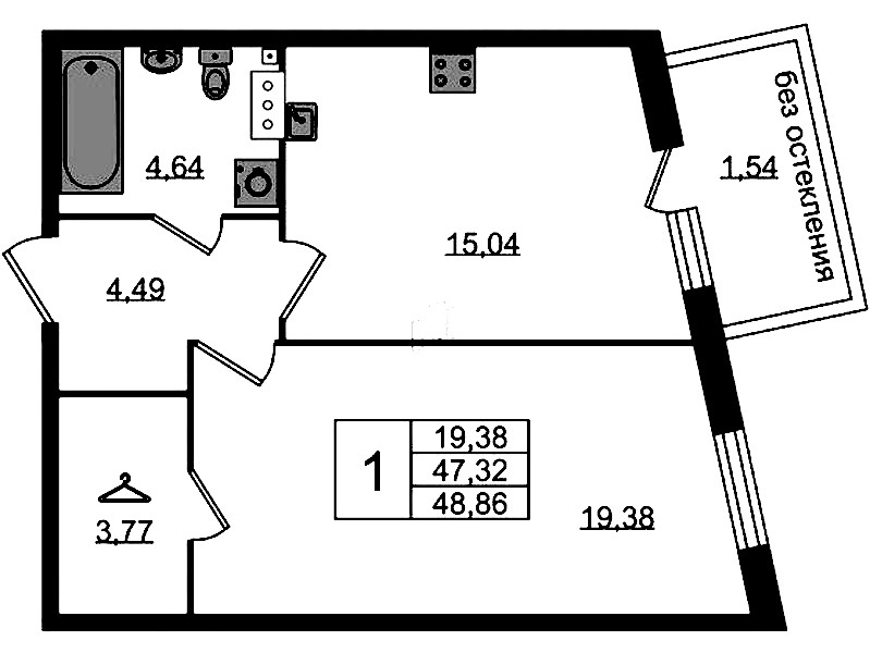1-комнатная квартира 48.86 м², 4/4 эт., ЖК «Лисино»