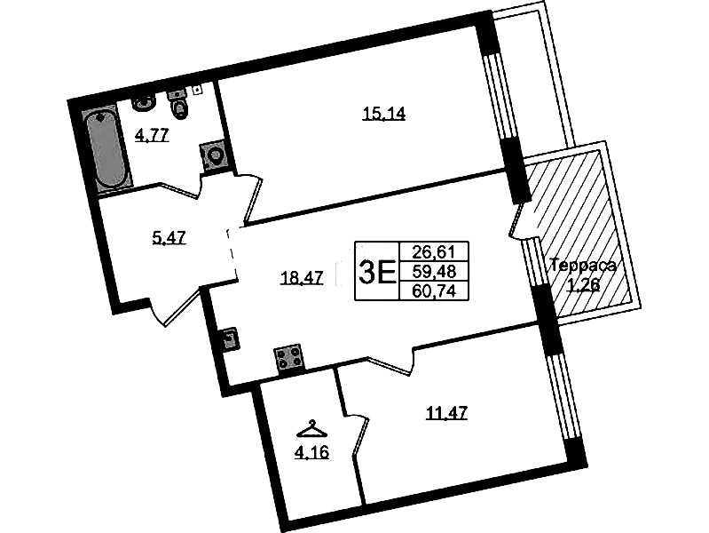 2-комнатная квартира 60.74 м², 1/4 эт., ЖК «Лисино»
